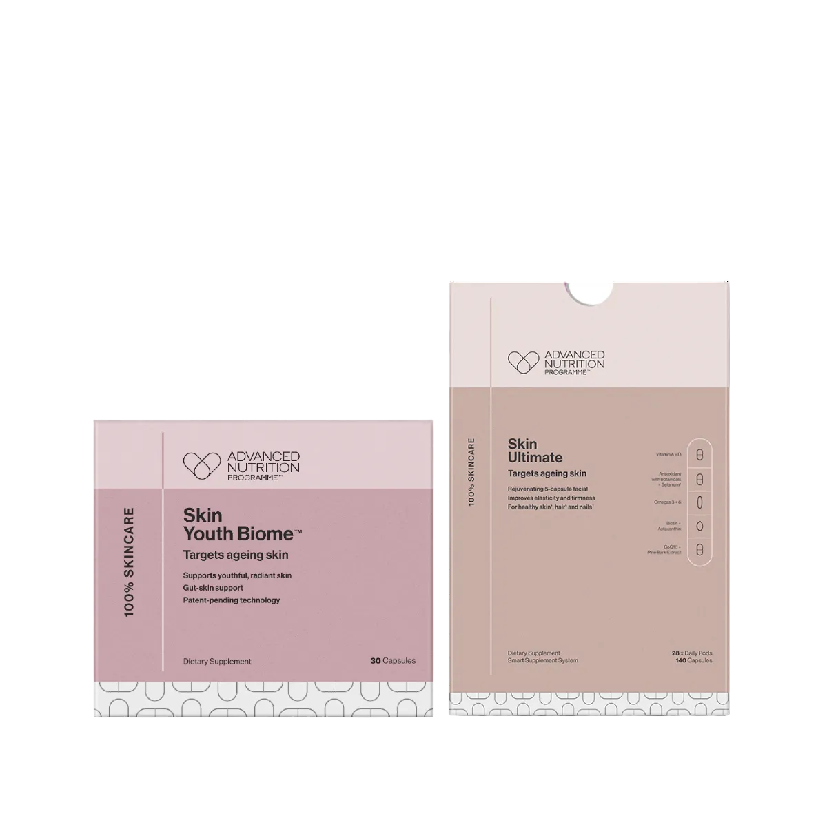 Two skincare product boxes from Advanced Nutrition on a white background